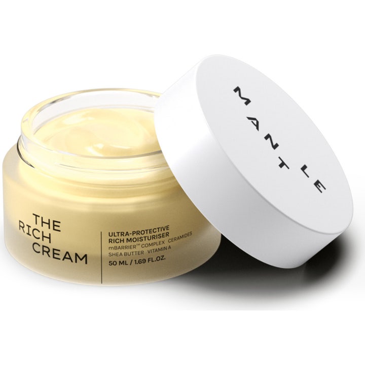 MANTLE The Rich Cream 50 ml rik återfuktande ansiktskräm med ceramider för torr hud i öppen glasburk med fyllig kräm