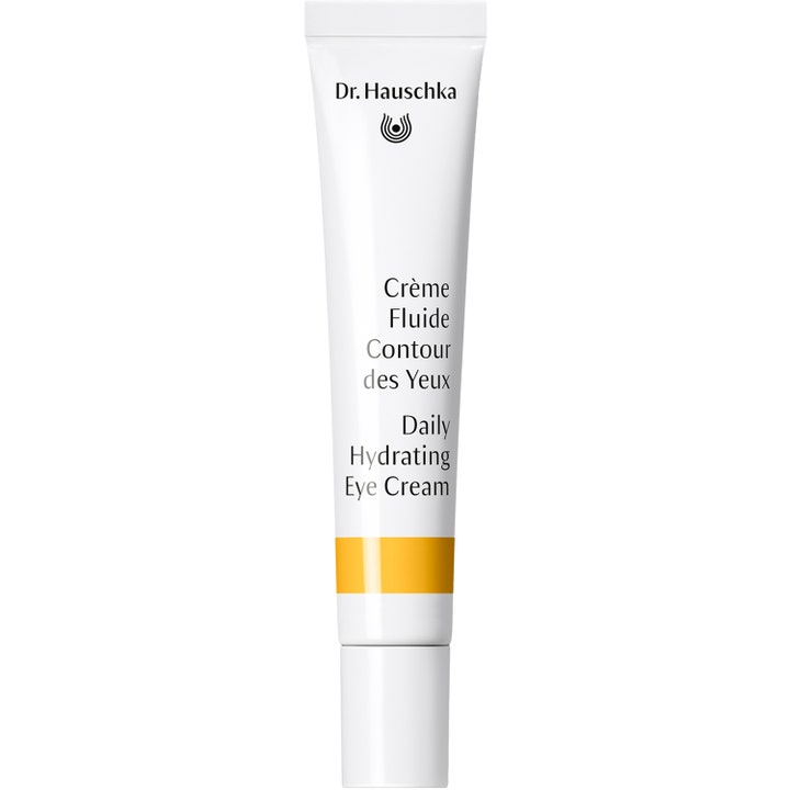 Dr. Hauschka Daily Hydrating Eye Cream 12,5 ml daglig återfuktande ögonkräm i vit tub med gul rand.