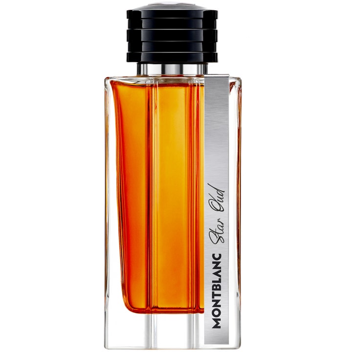 Montblanc Star Oud 125 ml oud parfym unisex med bärnstensfärgad vätska i glasflaska med silverplatta och svart lock