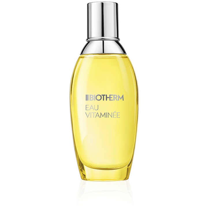 Biotherm Eau Vitaminée Eau de Toilette 50 ml uppfriskande damparfym med gul vätska i rundad glasflaska med silverlock