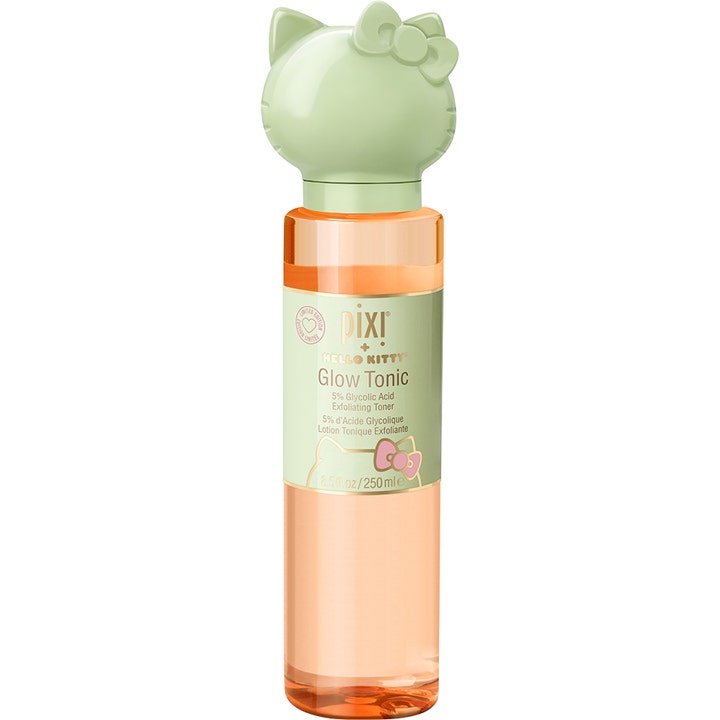 Pixi Hello Kitty Glow Tonic 250 ml exfolierande pixi ansiktsvatten i flaska med grönt Hello Kitty-lock.