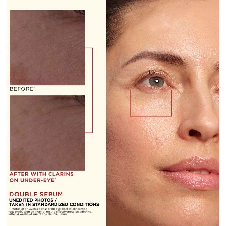 Clarins Double Serum 50 ml dubbelserum ger naturlig föryngring med före och efter bilder på huden under ögat.
