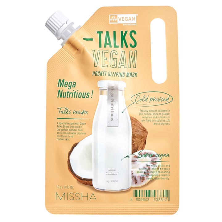 Missha Talks Vegan Pocket Sleeping Mask 10 g är en cold pressed sovmask i beige påse med skruvkork och kokosnöt