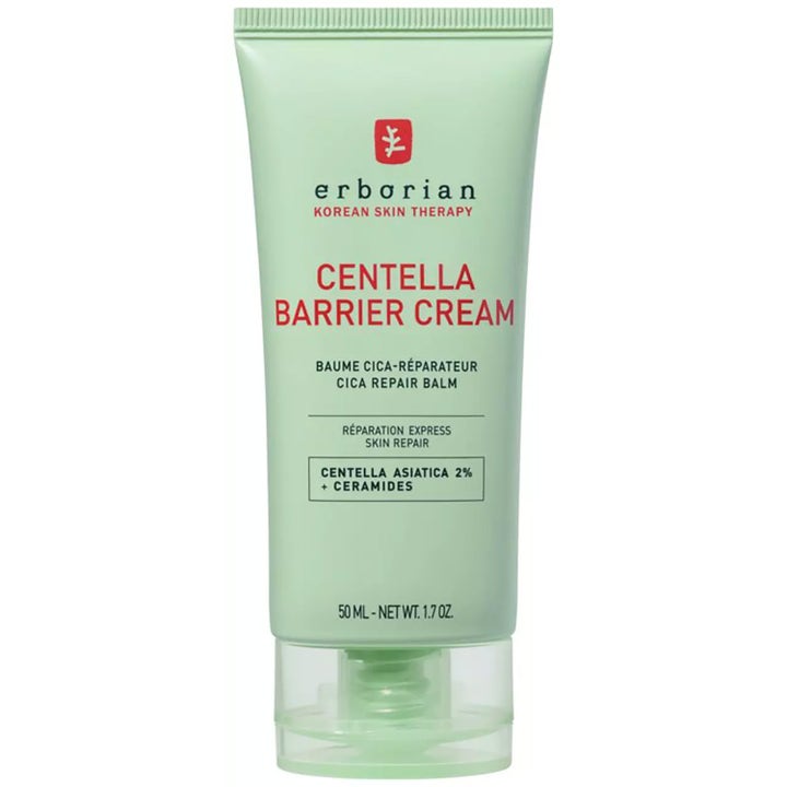 Erborian Centella Barrier Cream 50 ml lugnande ansiktskräm i en ljusgrön tub med röd text och transparent lock