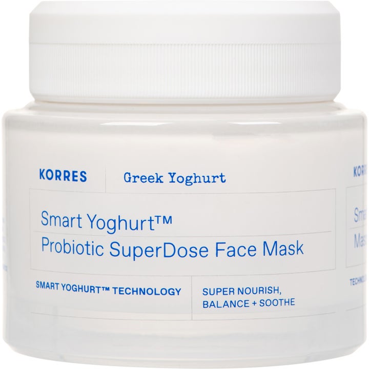 Korres Greek Yoghurt Probiotic SuperDose Face Mask lugnande ansiktsmask i vit burk med blå text.