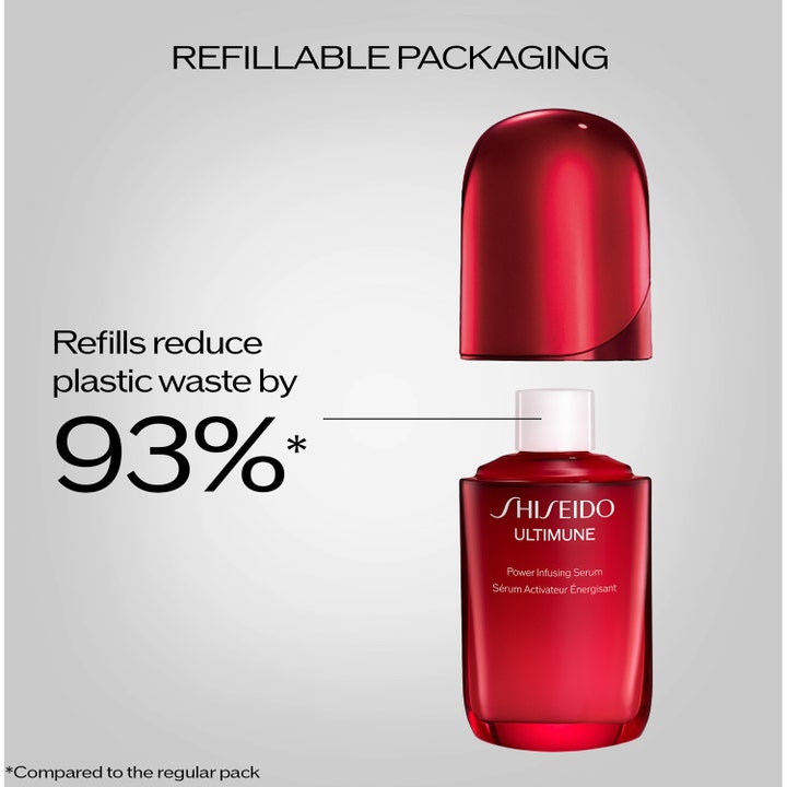 Shiseido Ultimune Power Infusing Concentrate 4.0 Refill 50 ml stärkande serum i röd flaska för minskat plastavfall