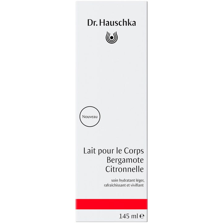 Dr. Hauschka Bergamotte Lemongrass 145 ml återfuktande kroppsmjölk i vit kartong med röd detalj.