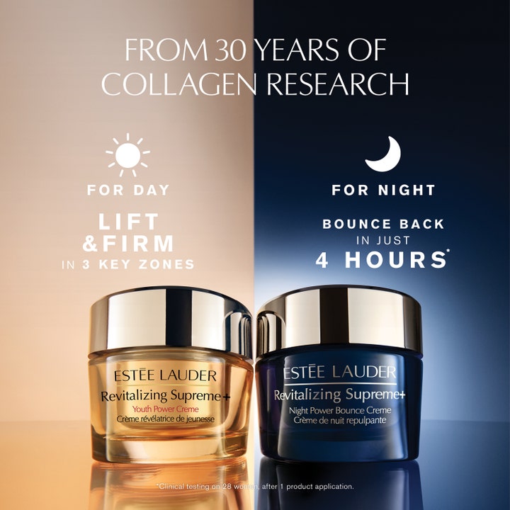 Estée Lauder Revitalizing Supreme + Night Power Bounce Creme 50 ml nattkräm i blå glasburk bredvid guldglansig dagkräm.