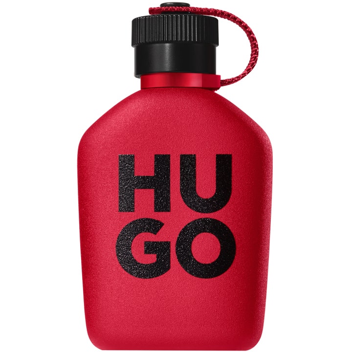 Hugo Boss Hugo Intense 125 ml parfym röd texturerad flaska med svart kork och stor svart logotyp