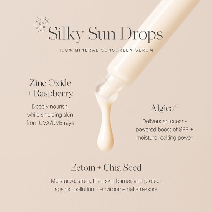 KORA Organics Silky Sun Drops 30 ml ekologisk solkräm spf 30 mineral serum med krämig droppe från pipett och zinkoxid