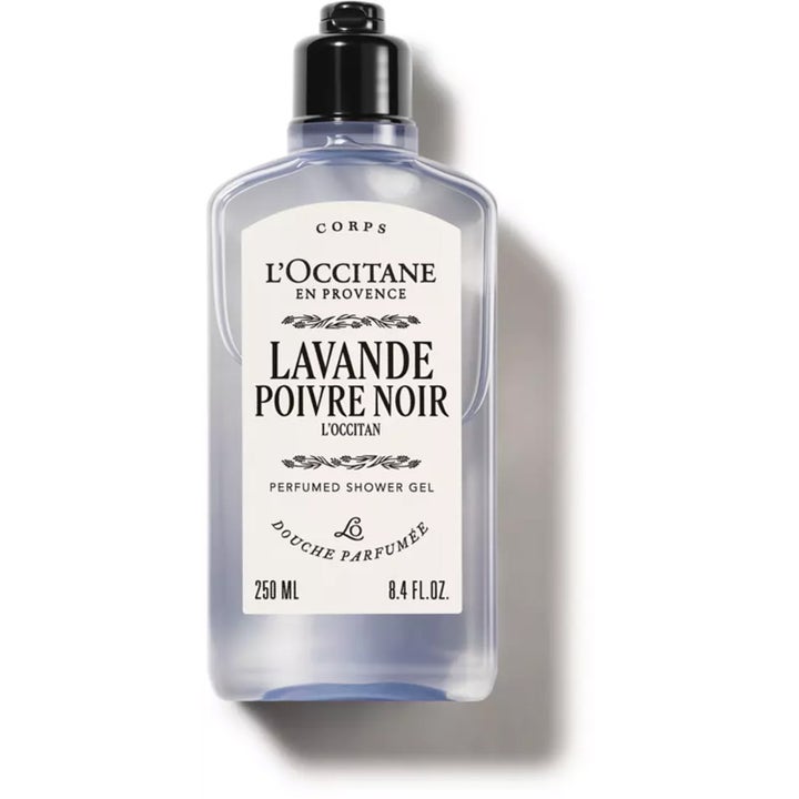 L'Occitane Lavande Poivre Noir 250 ml lyxig fransk duschgel i lila transparent flaska med stilren vit etikett.