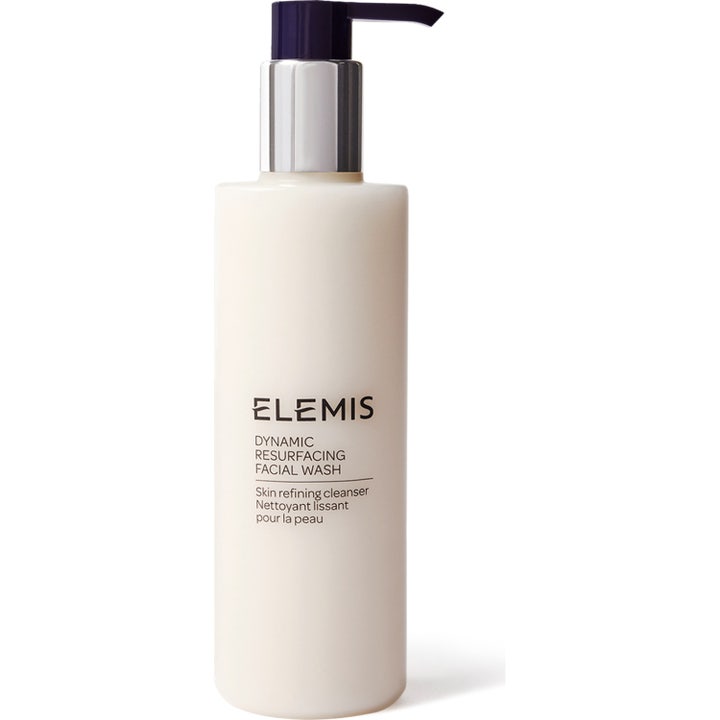 Elemis Dynamic Resurfacing Facial Wash 200 ml förnyande ansiktsrengöring i vit flaska med silverdetaljer och svart pump.