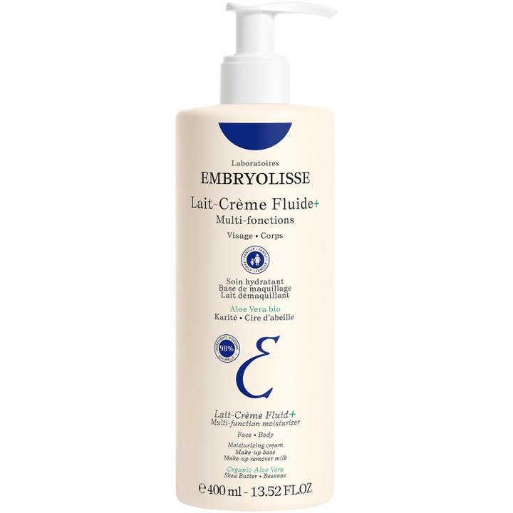 Embryolisse Lait-Crème Fluide+ 400 ml multifunktionell dagkräm för torr hud ansikte och kropp i krämvit flaska med vit pump