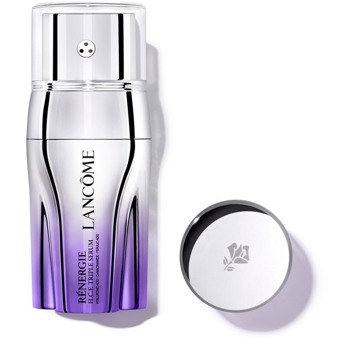 Lancôme Rénergie Serum 50ml anti aging serum för fasthet i en silverflaska med lila ton och ett löst silverlock