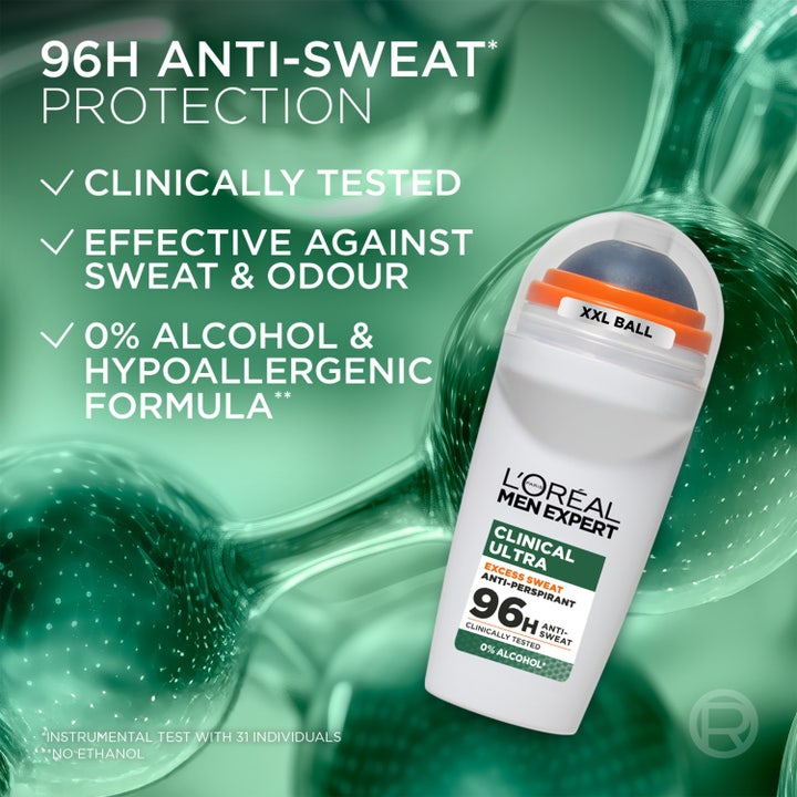 L'Oréal Paris Men Expert Clinical Ultra Deo 50 ml roll-on mot svett med XXL ball och 96h skydd.