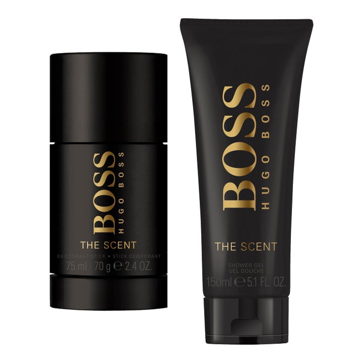 Hugo Boss The Scent 75 ml och 150 ml parfymerat deodorantstick och shower gel i mattsvarta förpackningar med guldtext