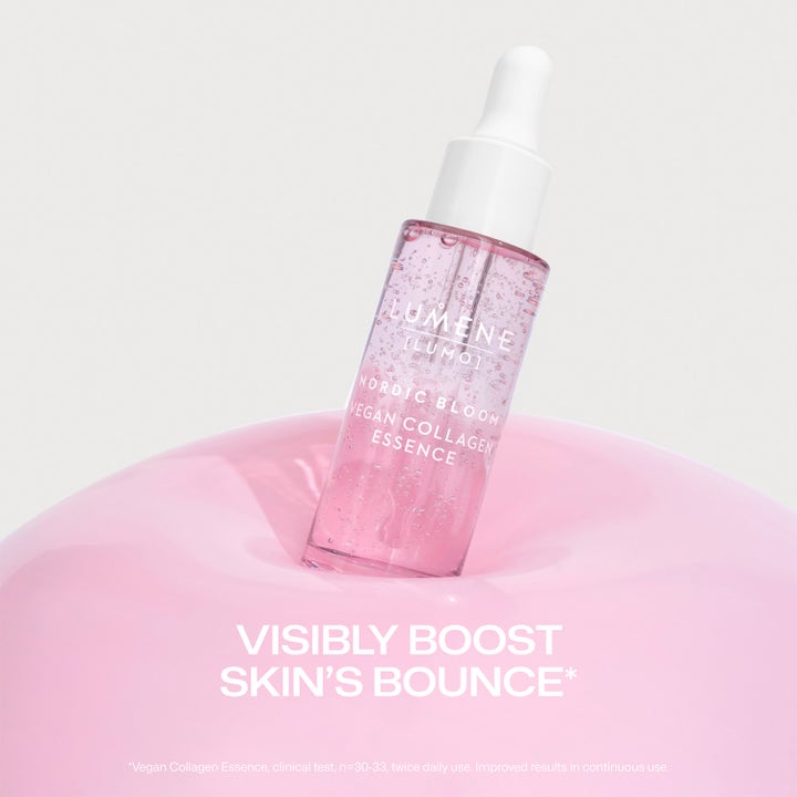 Lumene Vegan Collagen Essence 30 ml vegan kollagen i rosa glasflaska med vit pipett ger ökad spänst och lyster