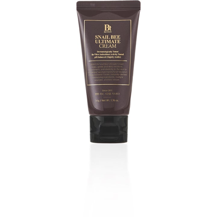 Benton Snail Bee Ultimate Cream 50g antioxidant reparationskräm i mörkbrun tub som ger näring.