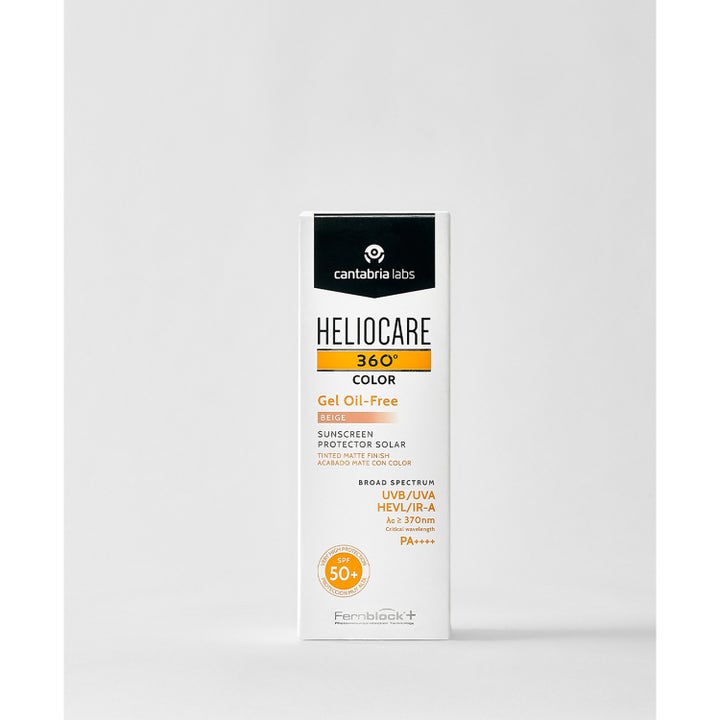 Heliocare Gel Oil-Free SPF 50+ Beige 50 ml beige oljefri solkräm som ger matt finish i vit ytterkartong.