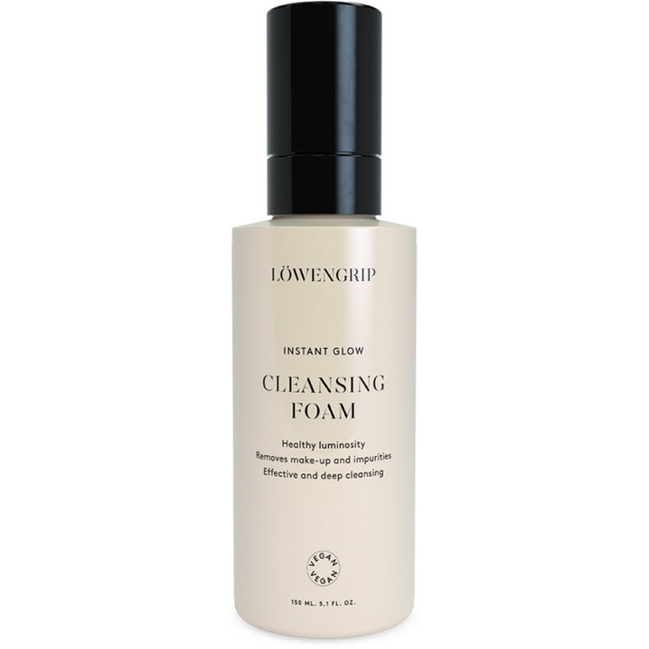 Löwengrip Instant Glow Cleansing Foam 150 ml djuprengörande ansiktstvätt för lyster i beige plastflaska med svart kork.