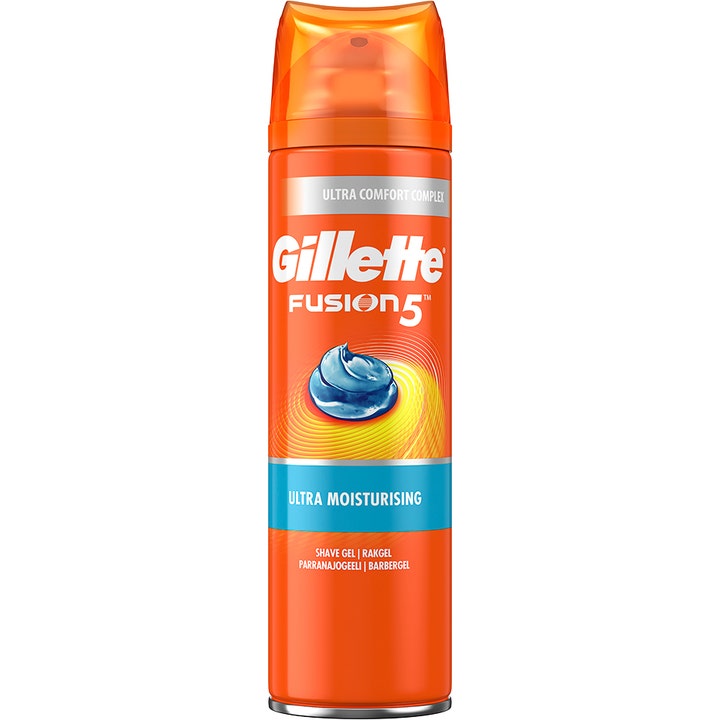 Gillette Fusion 5 fuktgivande rakgel i orange sprayflaska skapar komfort med gillette fusion rakgel och blå gel.