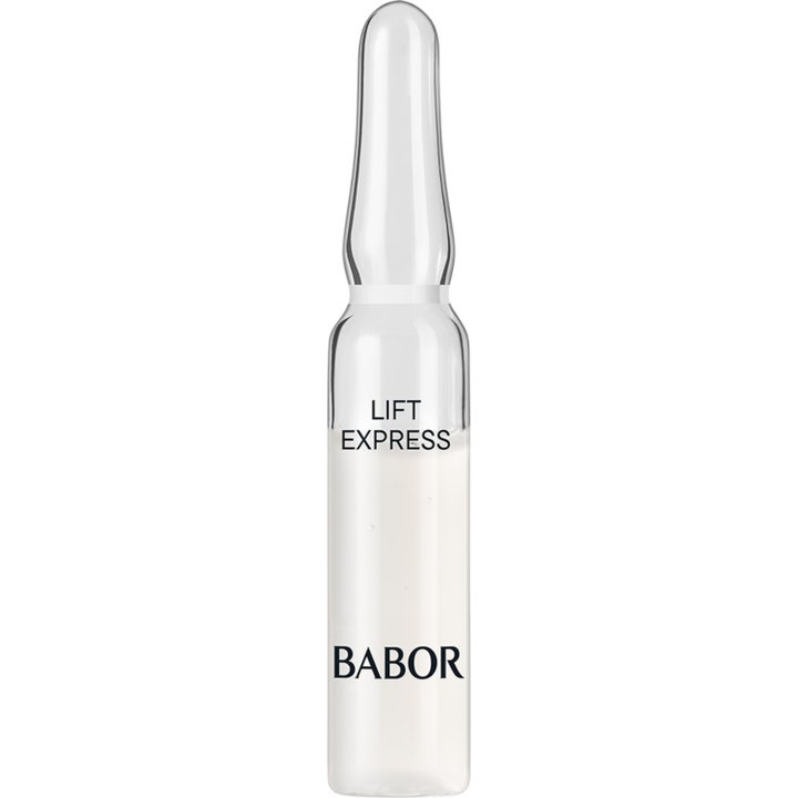 Babor Lift Express uppstramande ampull ger huden ett lyft i en genomskinlig glasampull med vitaktigt serum