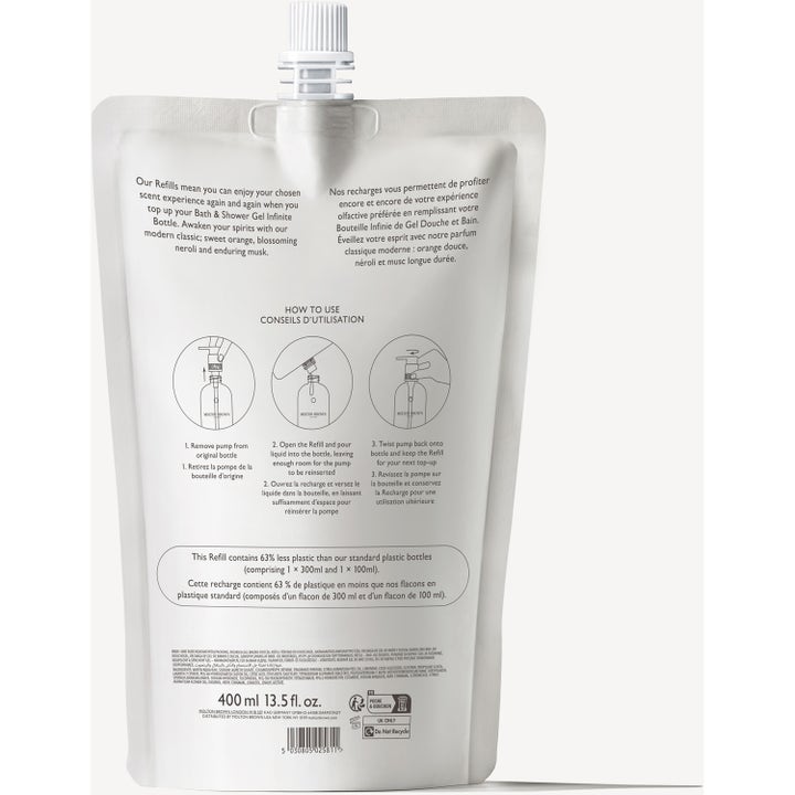 Molton Brown Orange & Bergamot 400 ml apelsin bergamott duschgel refill som ger citrusdoft och visar baksidan.
