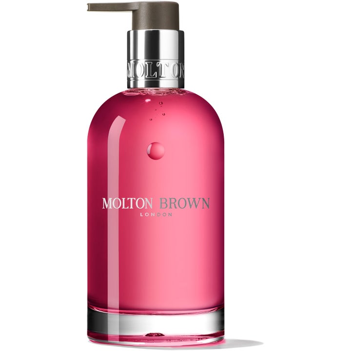 Molton Brown Fiery Pink Pepper 300 ml kryddig aromatisk handtvål med rosa gel i klar flaska med silverfärgad pump