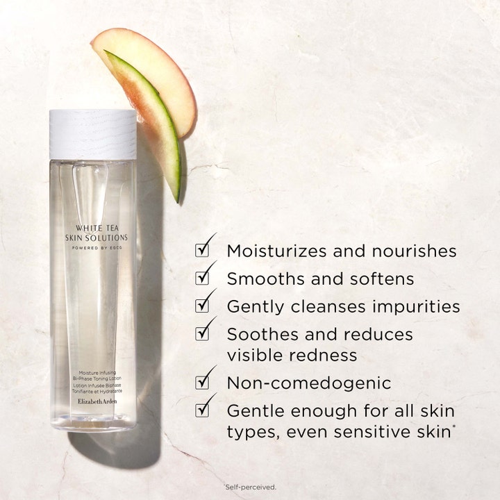 Elizabeth Arden White Tea Skin Solutions 200 ml återfuktande ansiktsvatten som lugnar rodnad i flaska med vitt lock.
