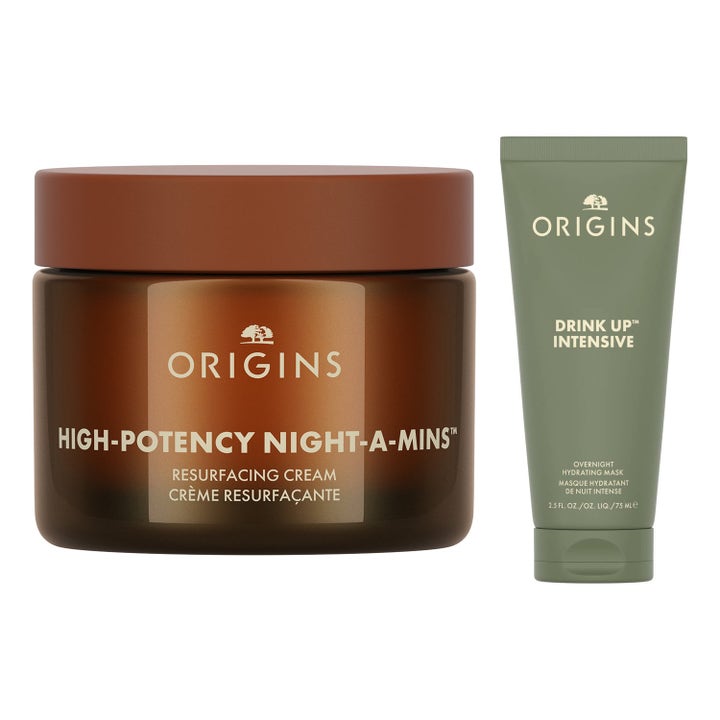 Origins High-Potency Night-A-Mins 50 ml och Drink Up Intensive 75 ml nattmask i brun glasburk och grön tub.