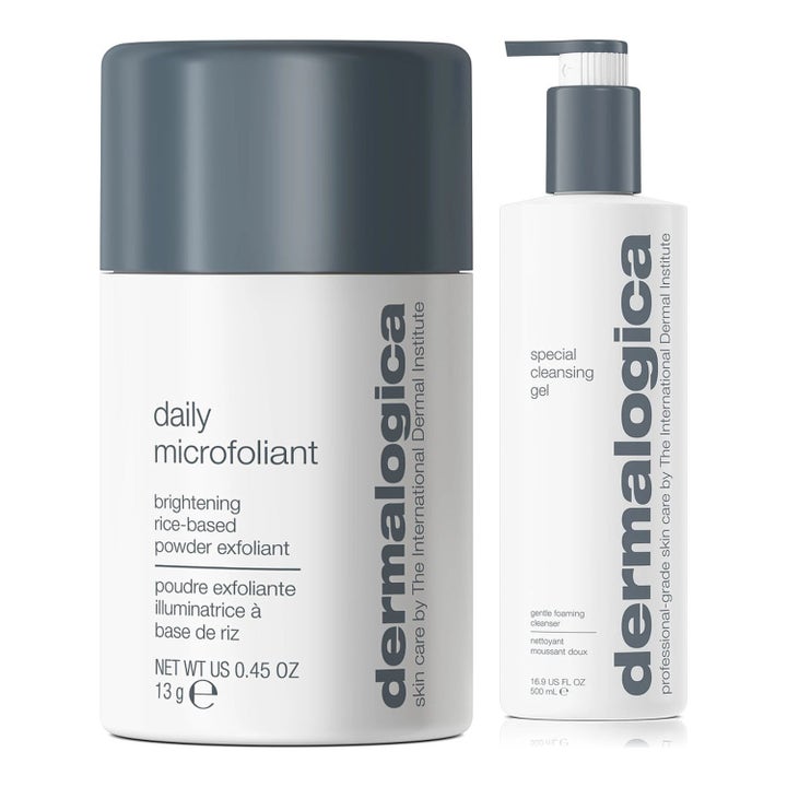 Dermalogica Special Cleansing Gel och Daily Microfoliant rensgel och ansiktspeeling exfoliering i vit flaska och burk.