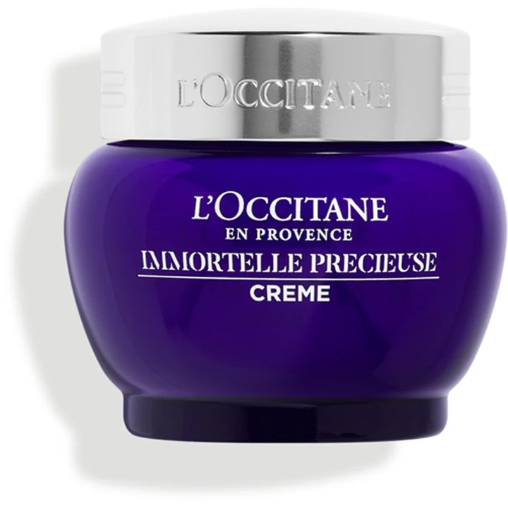 L'Occitane Immortelle Precieuse Creme 50ml antiaging rynkreducerande kräm i en rund mörkblå glasburk med silverlock