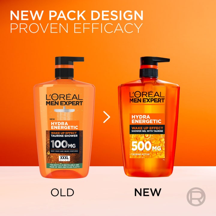 L'Oréal Paris Men Expert Hydra Energetic 1000 ml taurin duschgel i orange pumpflaska bredvid en man med pigg hy.