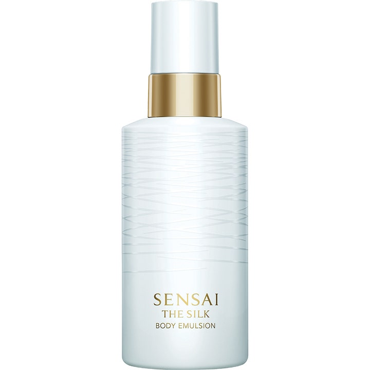 Sensai The Silk Body Emulsion silkemulsion för daglig återfuktande hudvård i vit flaska med vågmönster och gulddetalj.