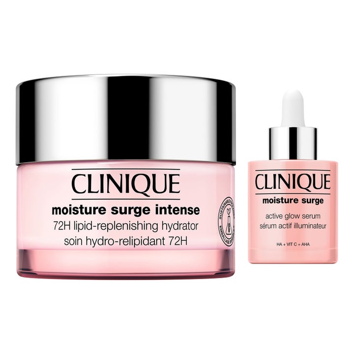 Clinique Moisture Marathon 80 ml återfuktande kit med en rosa glasburk med silverlock och en mindre serumflaska med pipett