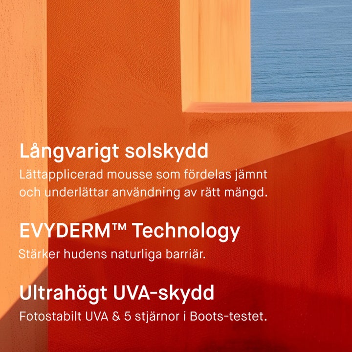EVY Technology Sunscreen Mousse SPF20 150 ml evy solskydd mousse med text om brett UVA-skydd och god spridbarhet