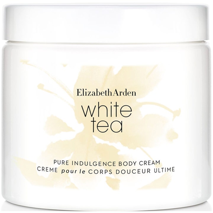 Elizabeth Arden White Tea Pure Indulgence Body Cream intensiv återfuktande kroppskräm i vit burk med blommönster.