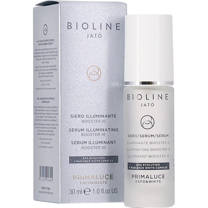 Bioline Jatò Primaluce Serum Illuminating Booster 10 30 ml lystergivande AHA glow serum i frostat glas och silverask