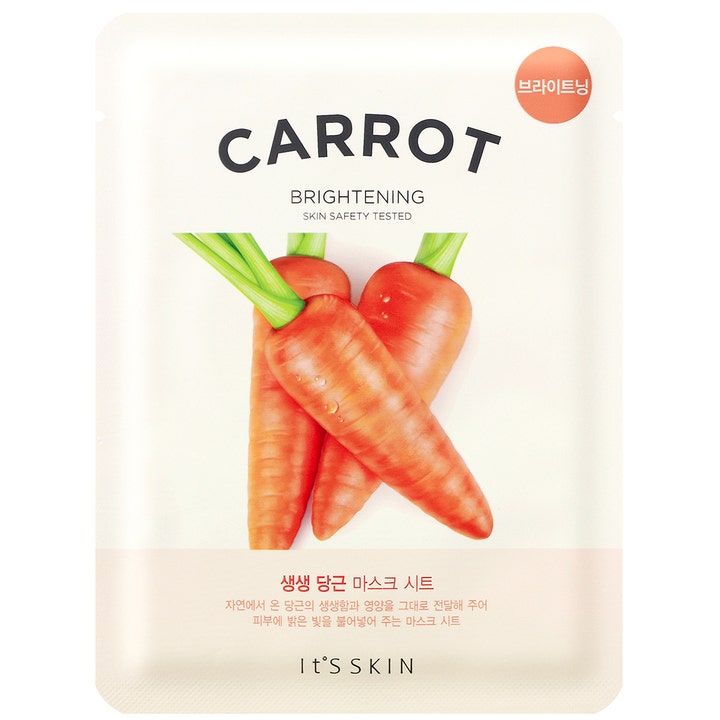 It'S SKIN Carrot Brightening Mask Sheet lystergivande ansiktsmask för hudutjämning i vit sachet med orangea morötter.