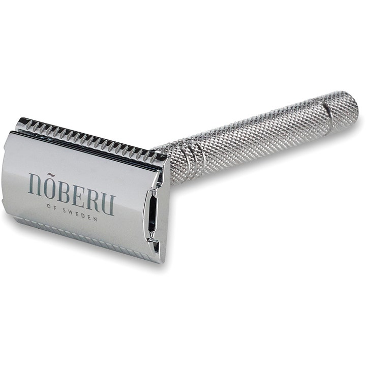 Nõberu Säkerhetsrakhyvel för nõberu barbering i blank krom med ett räfflat handtag och logotyp på huvudet