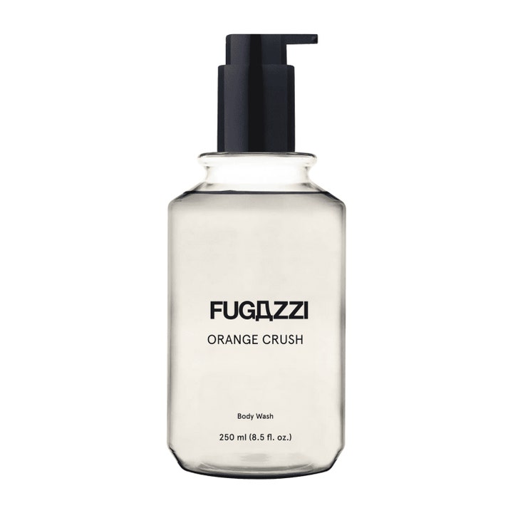 Fugazzi Orange Crush 250 ml uppfriskande body wash i genomskinlig plastflaska med svart pump.