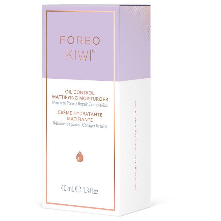 FOREO KIWI Oil Control Mattifying Moisturizer 40 ml matt fuktkräm i lila och vit ytterförpackning med roséguld.