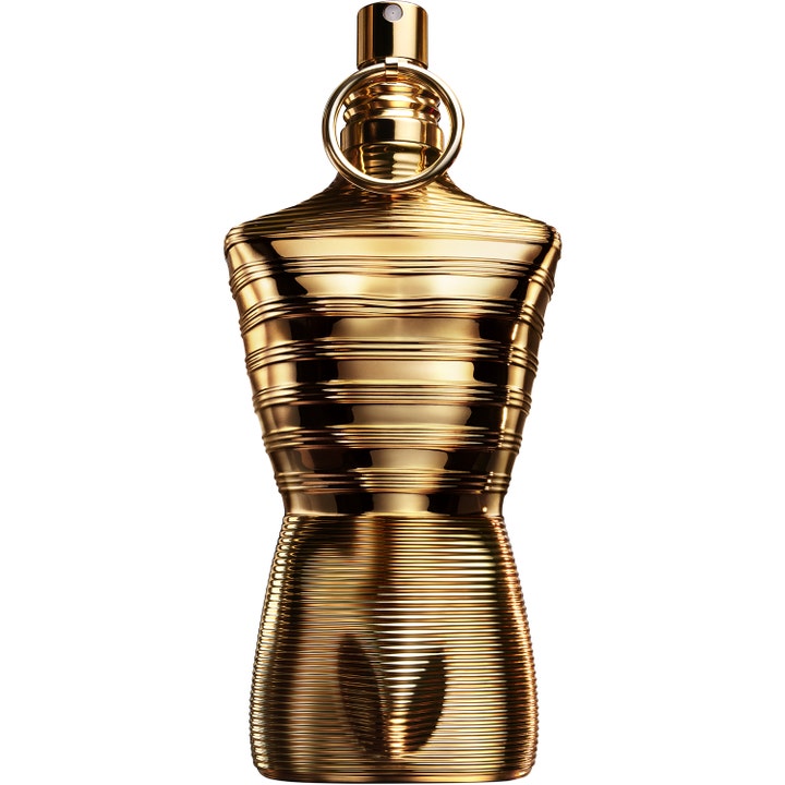 Jean Paul Gaultier Le Male Elixir Absolu 75 ml herrparfym i guldglänsande flaska formad som en manskropp med ränder