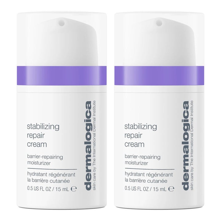 Dermalogica Stabilizing Repair Cream 15 ml reparerande ansiktscreme i två vita pumpflaskor med lila band och lock