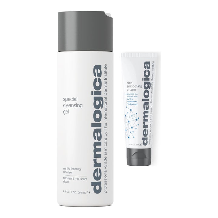 Dermalogica Special Cleansing Gel och Skin Smoothing Cream i vit flaska och tub som ger en återfuktad hud.