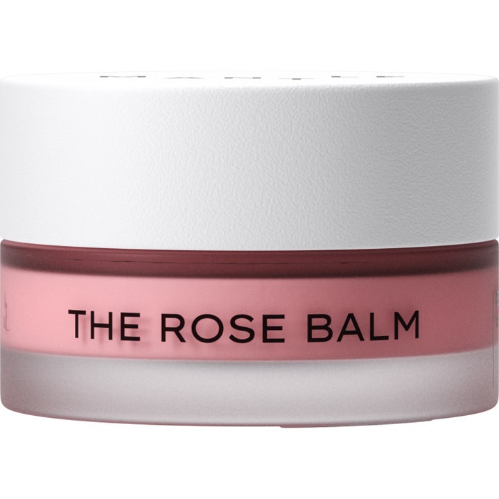 Mantle The Rose Balm 15 ml mjukgörande multibalm i frostad glasburk med vitt lock och rosa innehåll