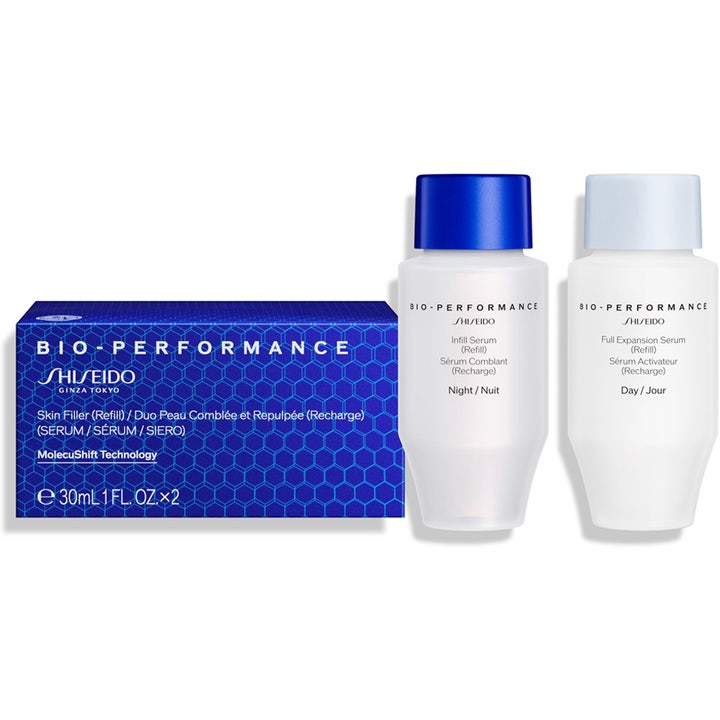 Shiseido Bio-Performance Skin Filler Duo Serum 2x30ml ger ansiktsföryngring med vita refillflaskor och blått mönstrat etui