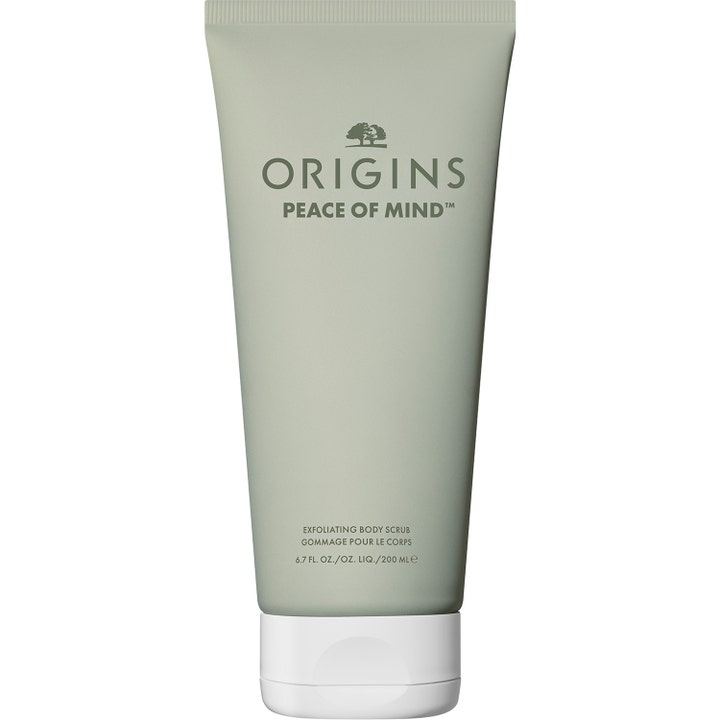 Origins Peace of Mind 200 ml exfolierande kroppsskrubb för mjuk hy i en salviagrön tub med vitt lock.