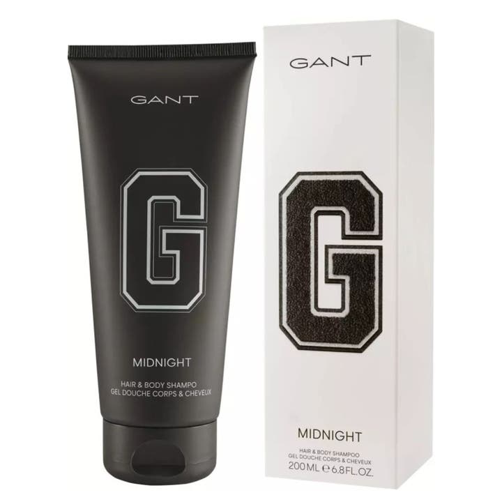 GANT Midnight Hair & Body Shower Gel 200 ml rengörande duschtvål i matt svart tub och vit ask med stor G-logga