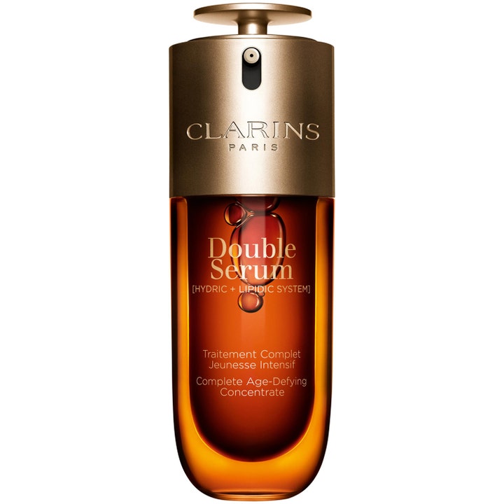 Clarins Double Serum föryngrande dubbelserum som ger ungdom i en elegant bärnstensfärgad flaska med guldpump